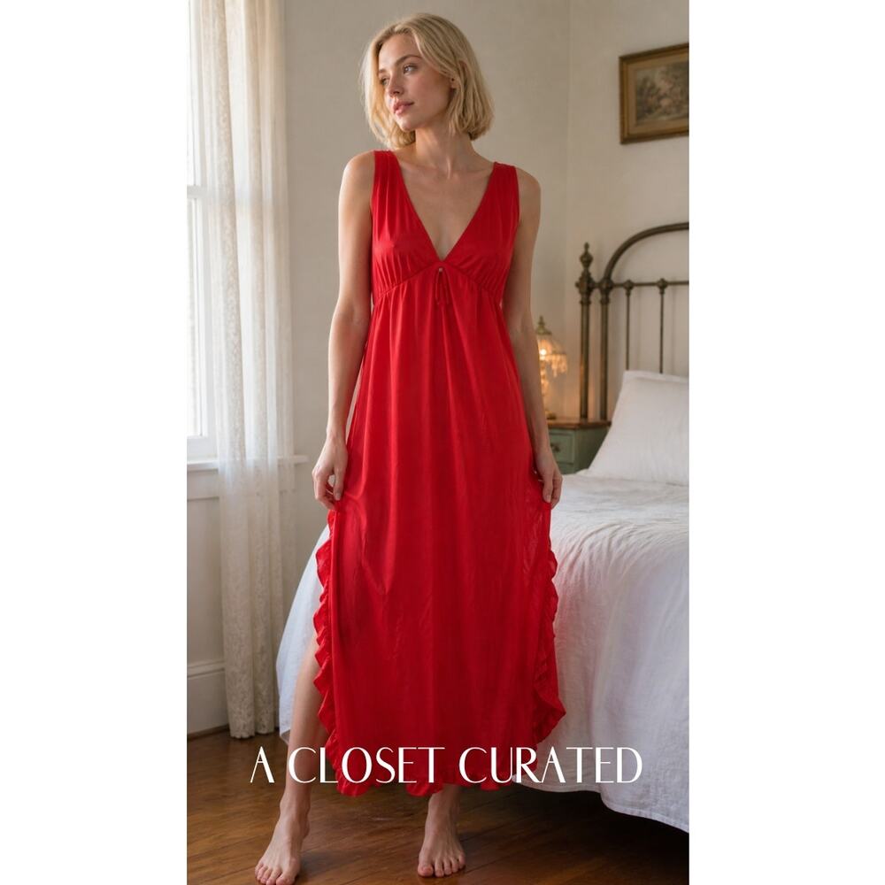 Vintage Maxi Length Side Slit Nightgown Medium Red